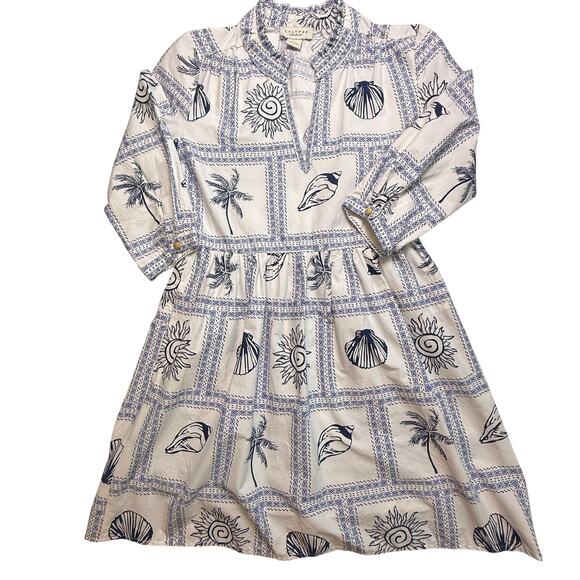 Calypso St. Barth Dresses & Skirts - Calypso St. Barth Blue White Seashell Palm Print Cotton Dress Size S